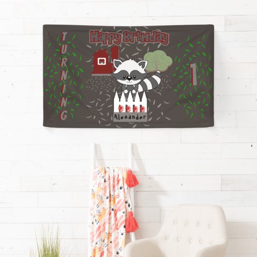 Gepersonaliseerd Raccoon Animal Theme Birthday Par Spandoek (Insitu)
