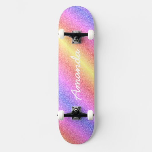 Gepersonaliseerd Rainbow Glitter skateboard met na (Voorkant)