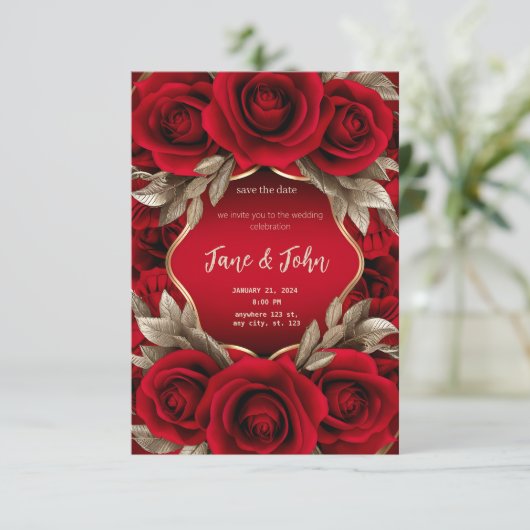 [gepersonaliseerd] Red Rose bruiloft uitnodiging (Staand voorkant)