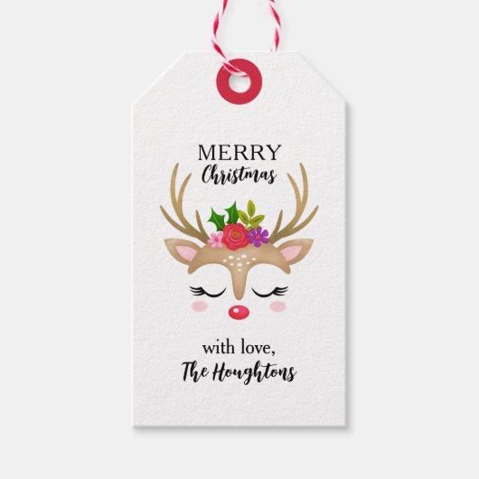 Gepersonaliseerd rendiergezicht voor kerstmis cadeaulabel (Voorkant)