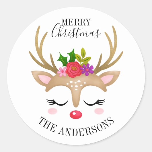Gepersonaliseerd rendierKerstfeest Ronde Sticker (Voorkant)