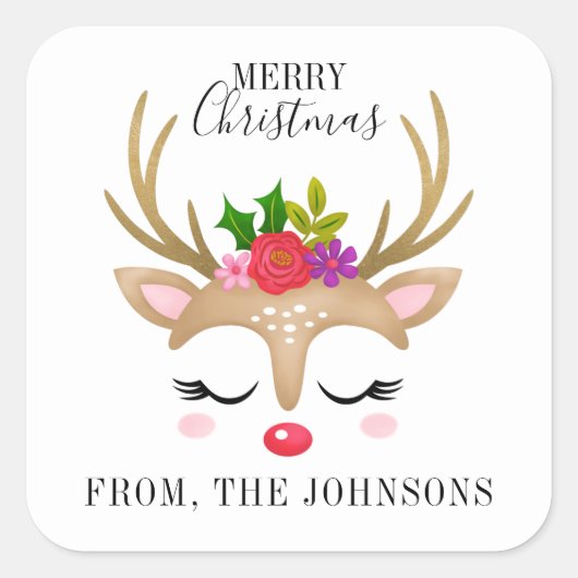 Gepersonaliseerd rendierKerstfeest Vierkante Sticker (Voorkant)