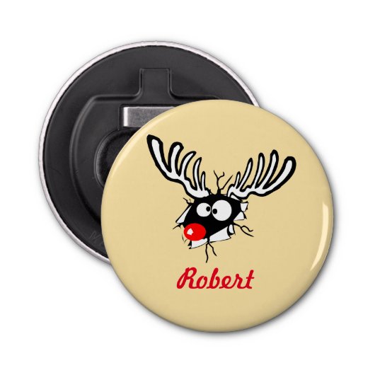 Gepersonaliseerd rendiertje met rode neus button flesopener (Voorkant)
