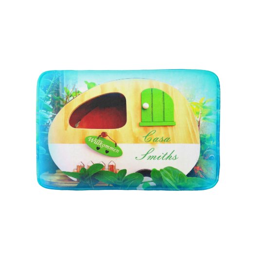 Gepersonaliseerd Retro  camper blauw Badmat (Voorkant)