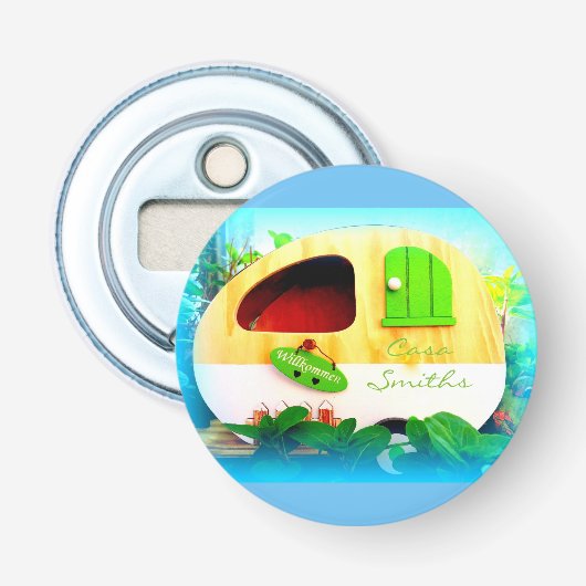 Gepersonaliseerd Retro  camper blauw Button Flesopener (Voorkant)