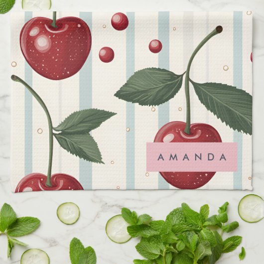 Gepersonaliseerd  retro rode kersenpatroon theedoek (Gevouwen)