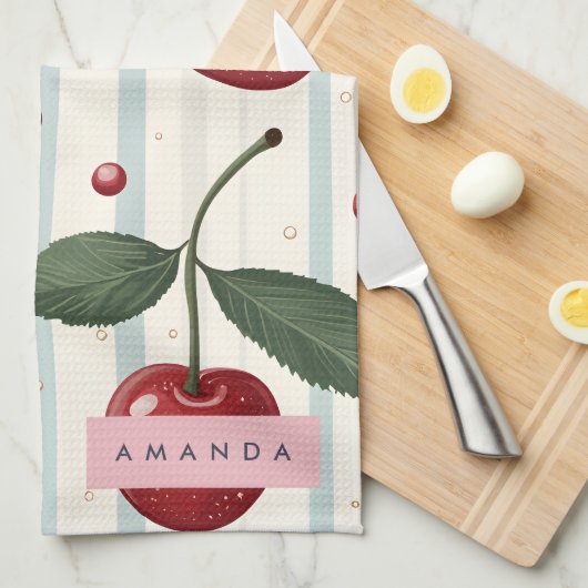 Gepersonaliseerd  retro rode kersenpatroon theedoek (Quarter Fold)