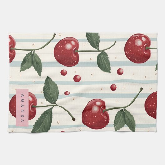 Gepersonaliseerd  retro rode kersenpatroon theedoek (Horizontaal)