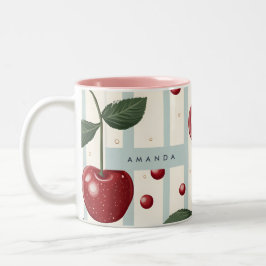 Gepersonaliseerd  retro rode kersenpatroon tweekleurige koffiemok