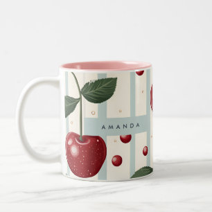 Gepersonaliseerd retro rode kersenpatroon tweekleurige koffiemok
