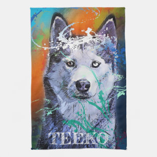 Gepersonaliseerd Retro Siberische Husky keukenhand Theedoek
