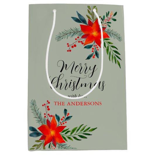 Gepersonaliseerd rode poinsettia Vrolijk kerstfees Medium Cadeauzakje (Voorkant)