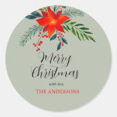 Gepersonaliseerd rode poinsettia Vrolijk kerstfees Ronde Sticker (Voorkant)