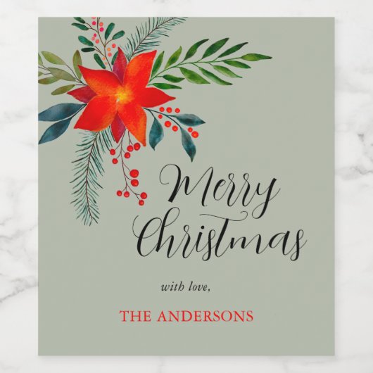 Gepersonaliseerd rode poinsettia Vrolijk kerstfees Wijn Etiket (Enkel label)