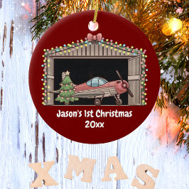 Gepersonaliseerd, Rode Vliegtuig & Boom, Eerste Ke Keramisch Ornament