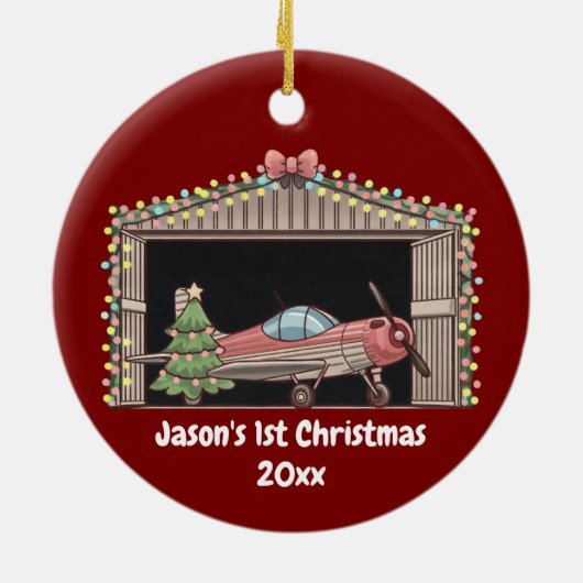 Gepersonaliseerd, Rode Vliegtuig & Boom, Eerste Ke Keramisch Ornament (Achterkant)