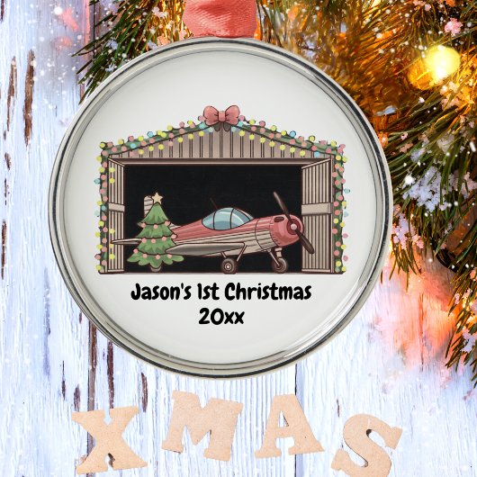 Gepersonaliseerd, Rode Vliegtuig & Boom, Eerste Ke Metalen Ornament