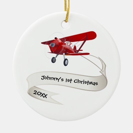Gepersonaliseerd, Rode Vliegtuig & Kerstman, Eerst Keramisch Ornament (Voorkant)
