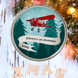Gepersonaliseerd, Rode Vliegtuig & Kerstman, Eerst Metalen Ornament