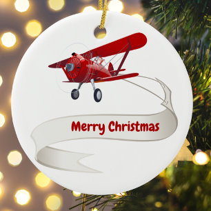 Gepersonaliseerd, Rode Vliegtuig & Kerstman, Prett Keramisch Ornament