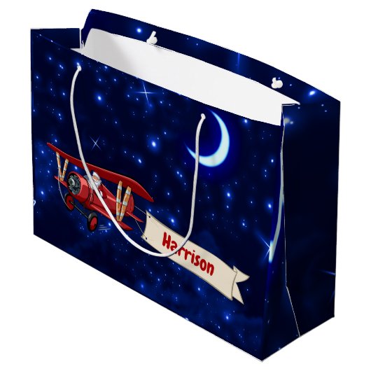 Gepersonaliseerd, Rode Vliegtuig & Kerstman, Vroli Groot Cadeauzakje (Achterkant Gekanteld)