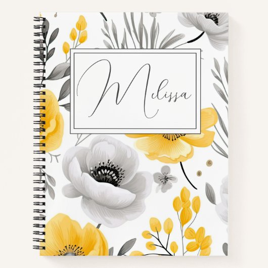 Gepersonaliseerd romantisch geel grijs bloemjourna notitieboek (Voorkant)
