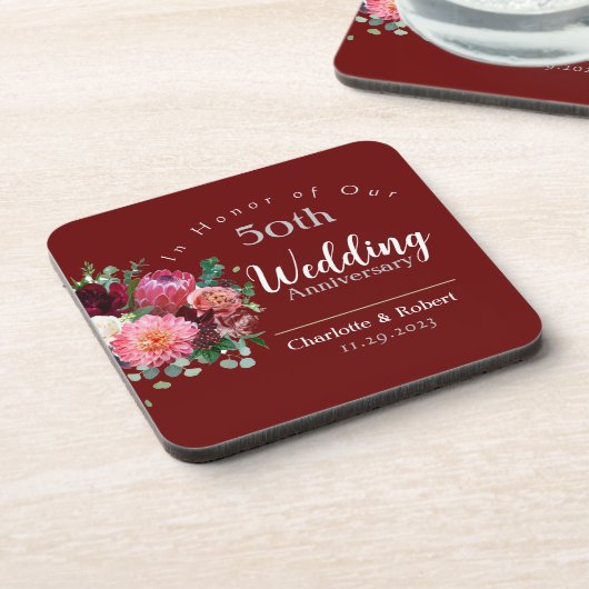 Gepersonaliseerd rood 50e paar bruiloft Jubileum Bier Onderzetter (Linkerzijde)