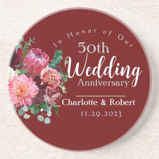 Gepersonaliseerd rood 50e paar bruiloft Jubileum Zandsteen Onderzetter (Voorkant)