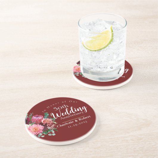 Gepersonaliseerd rood 50e paar bruiloft Jubileum Zandsteen Onderzetter (Zijkant)