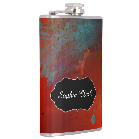 Gepersonaliseerd rood, Aqua & Gouden Abstracte Heupfles (Rechts)