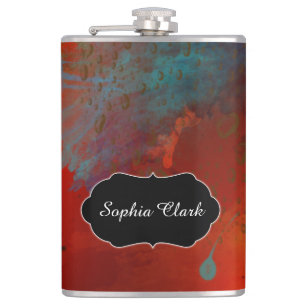 Gepersonaliseerd rood, Aqua & Gouden Abstracte Heupfles