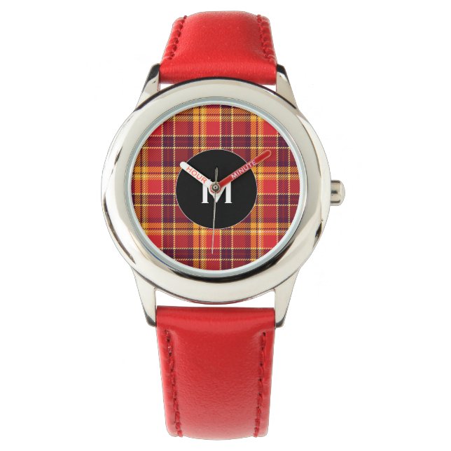 Gepersonaliseerd rood en geel Plaid ontwerp Horloge (Voorkant)