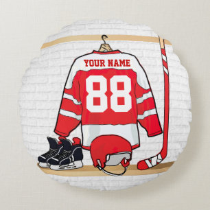 Gepersonaliseerd Rood en Wit Ijshockey Jersey Rond Kussen