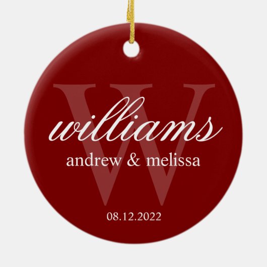 Gepersonaliseerd rood en wit monogram keramisch ornament (Achterkant)