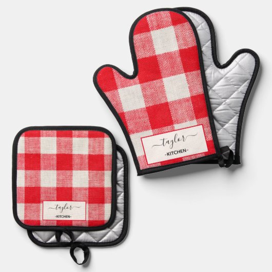 Gepersonaliseerd rood en wit Vichy patroon Ovenwant & Pannenlap Set (Voorkant / Achterkant)