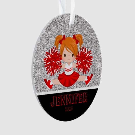 Gepersonaliseerd rood en zwart Cheerleading Orname Ornament (voorkant)