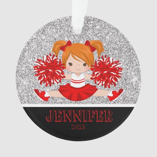 Gepersonaliseerd rood en zwart Cheerleading Orname Ornament (voorkant)