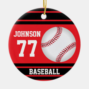 Gepersonaliseerd Rood en Zwart Honkbal Keramisch Ornament