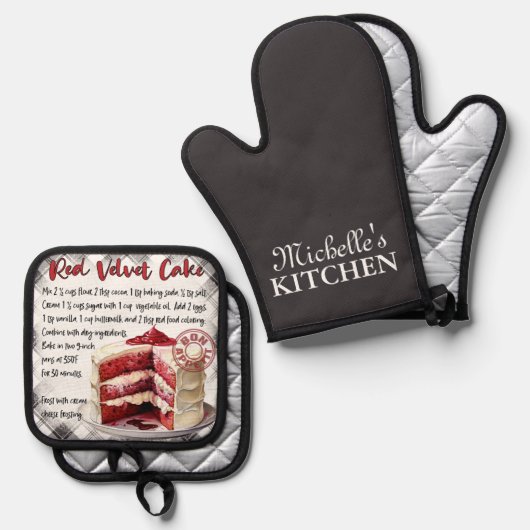 Gepersonaliseerd rood fluweel cake bakken recept ovenwant & pannenlap set (Voorkant / Achterkant)