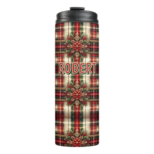 Gepersonaliseerd Rood Groen Goud Feestelijke Plaid Thermosbeker (Voorkant)