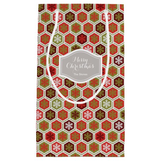 Gepersonaliseerd rood-groen-honingraatsnowflake pa klein cadeauzakje (Voorkant)