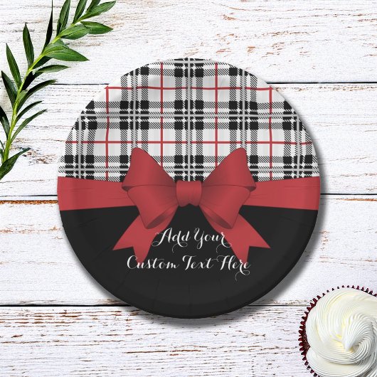 Gepersonaliseerd rood lint en Tartan Plaid Papieren Bordje