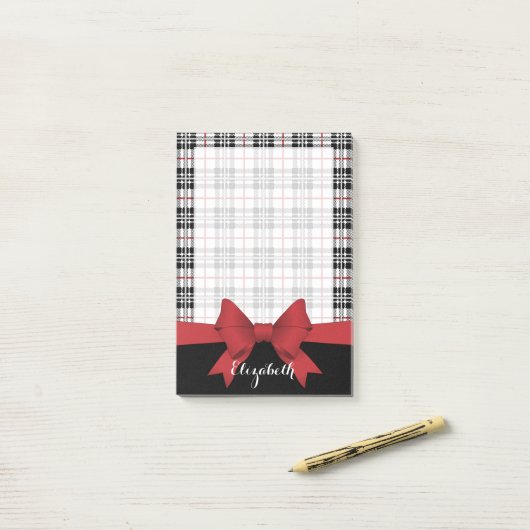Gepersonaliseerd rood lint en Tartan Plaid Post-it® Notes (Op bureau)