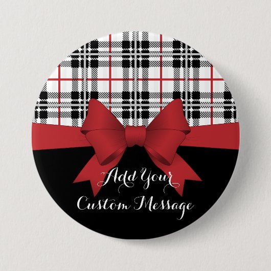 Gepersonaliseerd rood lint en Tartan Plaid Ronde Button 7,6 Cm (Voorkant)