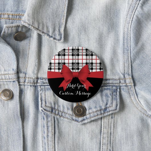Gepersonaliseerd rood lint en Tartan Plaid Ronde Button 7,6 Cm (In situ)