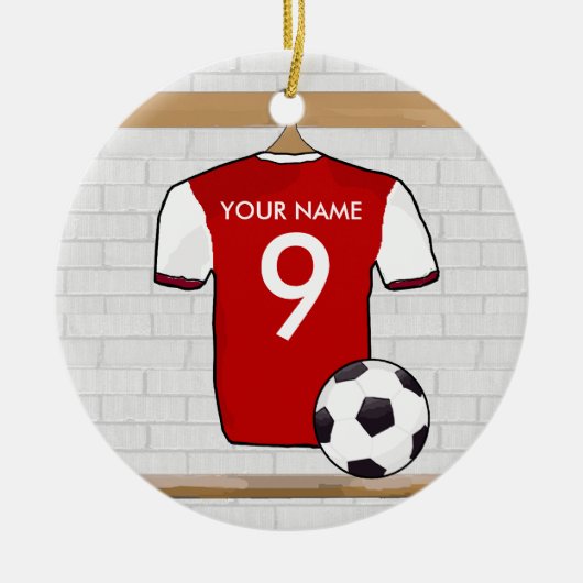 Gepersonaliseerd Rood met wit Football Soccer Jers Keramisch Ornament (Voorkant)