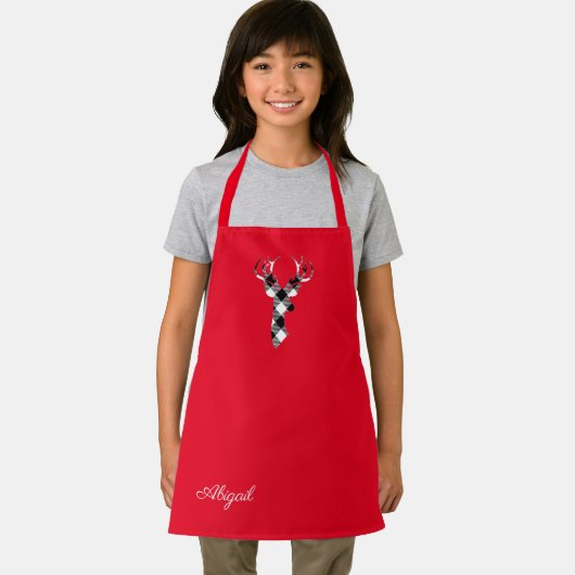 Gepersonaliseerd rood met zwart & wit geruite hert schort (Insitu)