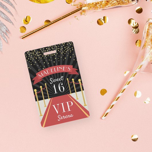Gepersonaliseerd rood tapijt VIP pas Sweet Sixteen Badge