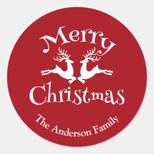 Gepersonaliseerd rood-witte kerstarenrendiertje ronde sticker (Voorkant)