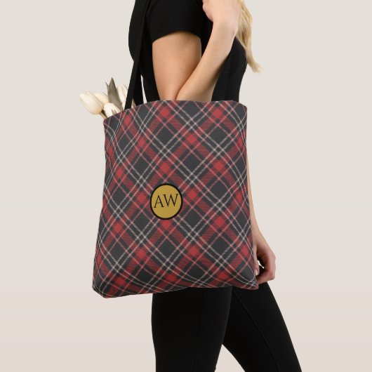 Gepersonaliseerd rood zwart en crème Tartan Monogr Tote Bag (Dichtbij)
